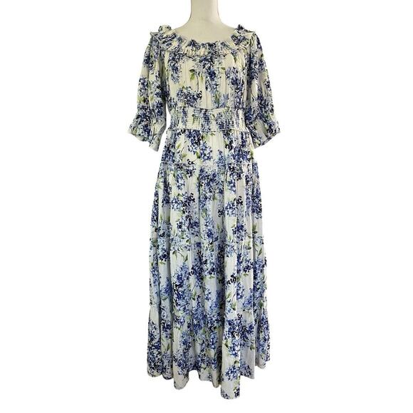 Soft Surroundings Dresses & Skirts - Soft Surroundings Rosana Linen Blend Floral Maxi Dress Size L Blue Tiered NWT